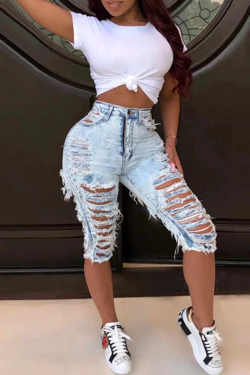 Ladies' Street Fashion Casual Solid Color Perforated High Waisted Tight Denim Shorts