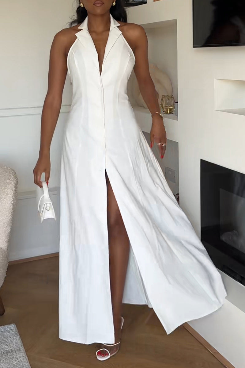 Women's Casual Lapel Backless Button Maxi Dress