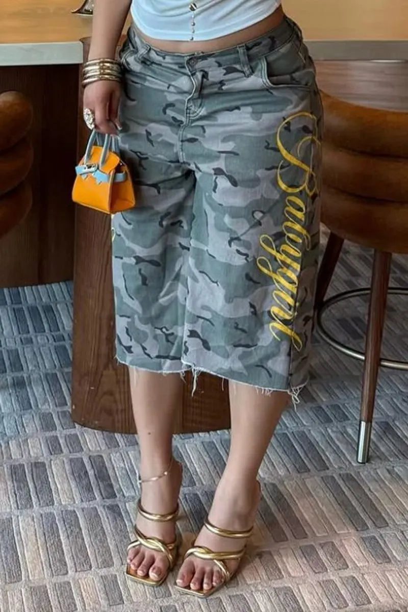 Women Grey Green Camo High Waist Side Yellow Script Letter Raw Hem Wide Leg Denim Capri