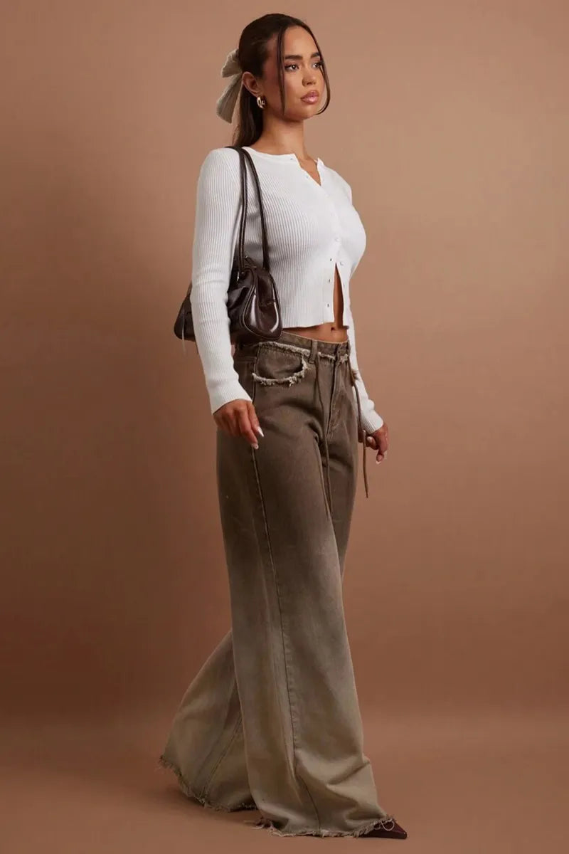 Women's Casual Front Button Pocket Frayed Hem Jeans