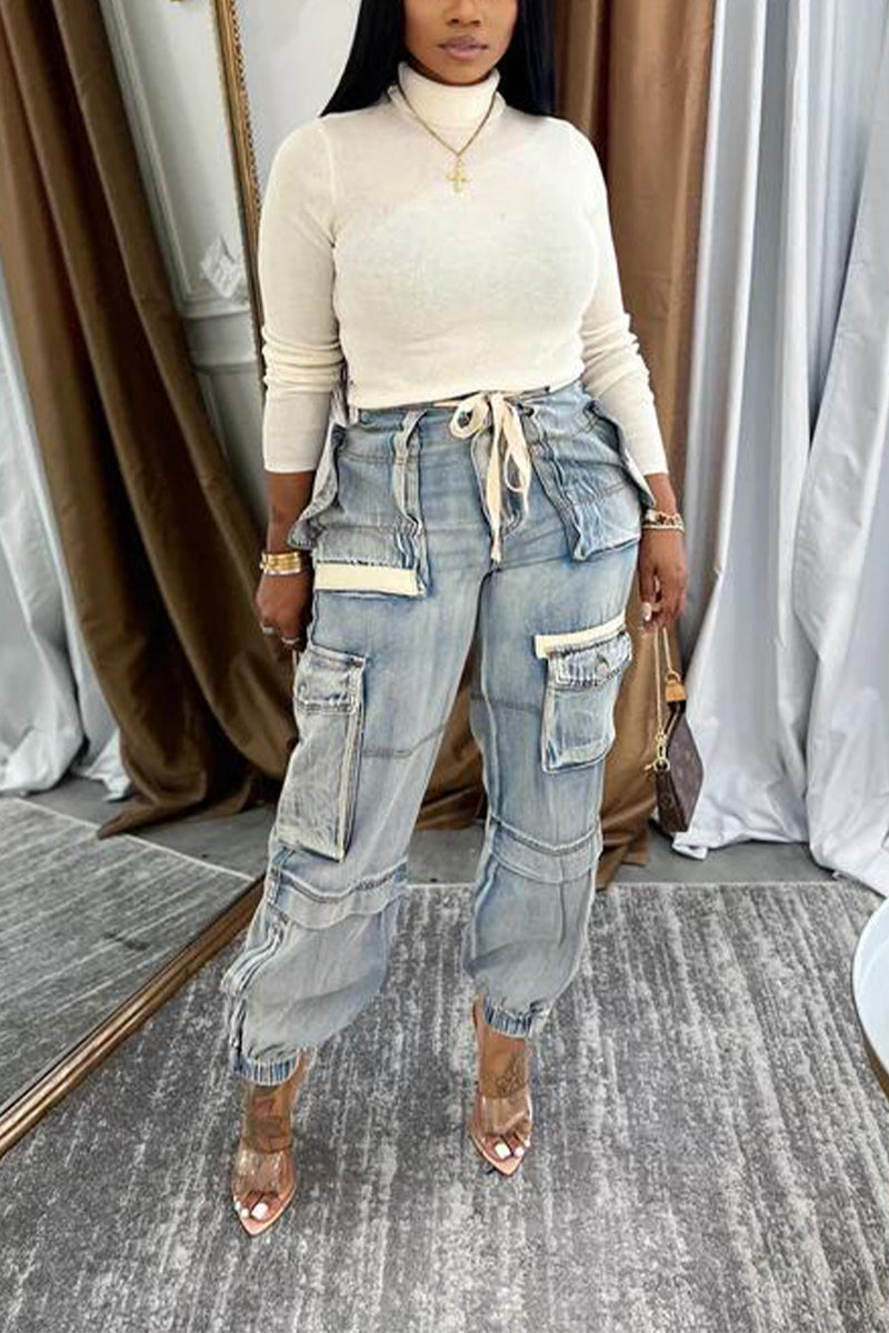 Women Patchwork Multi Pocket Washed Casual Jeans
