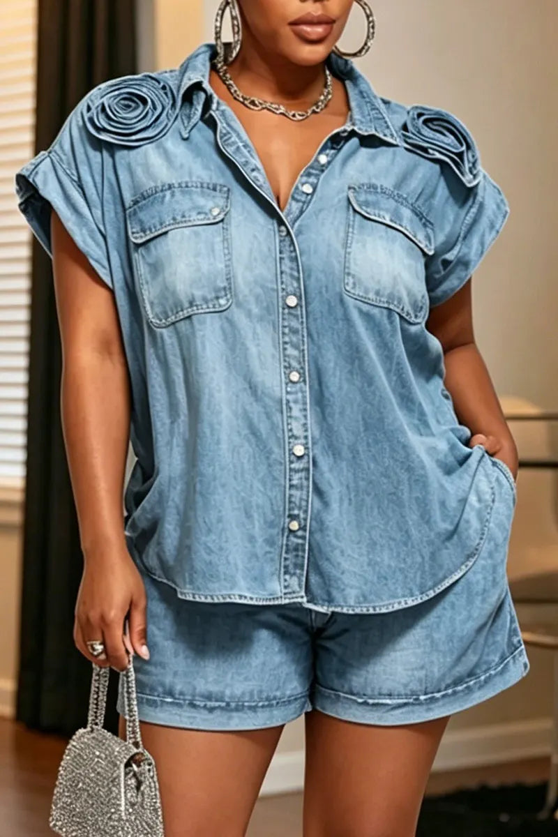 Women's Casual 3D Floral Denim Shirt & Cropped Jeans