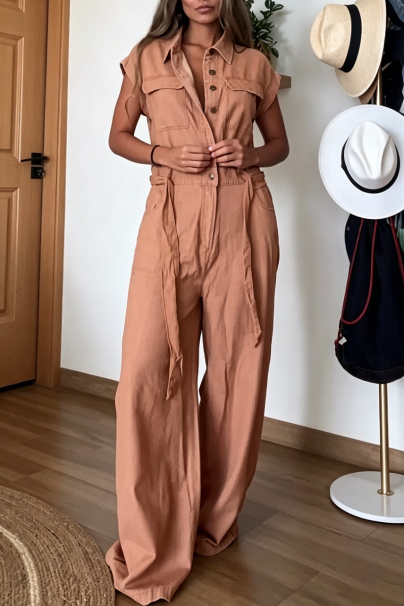 Women's Lapel Buckle Splicing Casual Jumpsuit