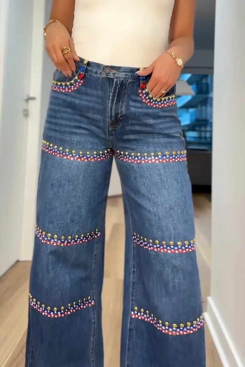 Women's Fashion Rhinestone-Beaded Wide Leg Jeans