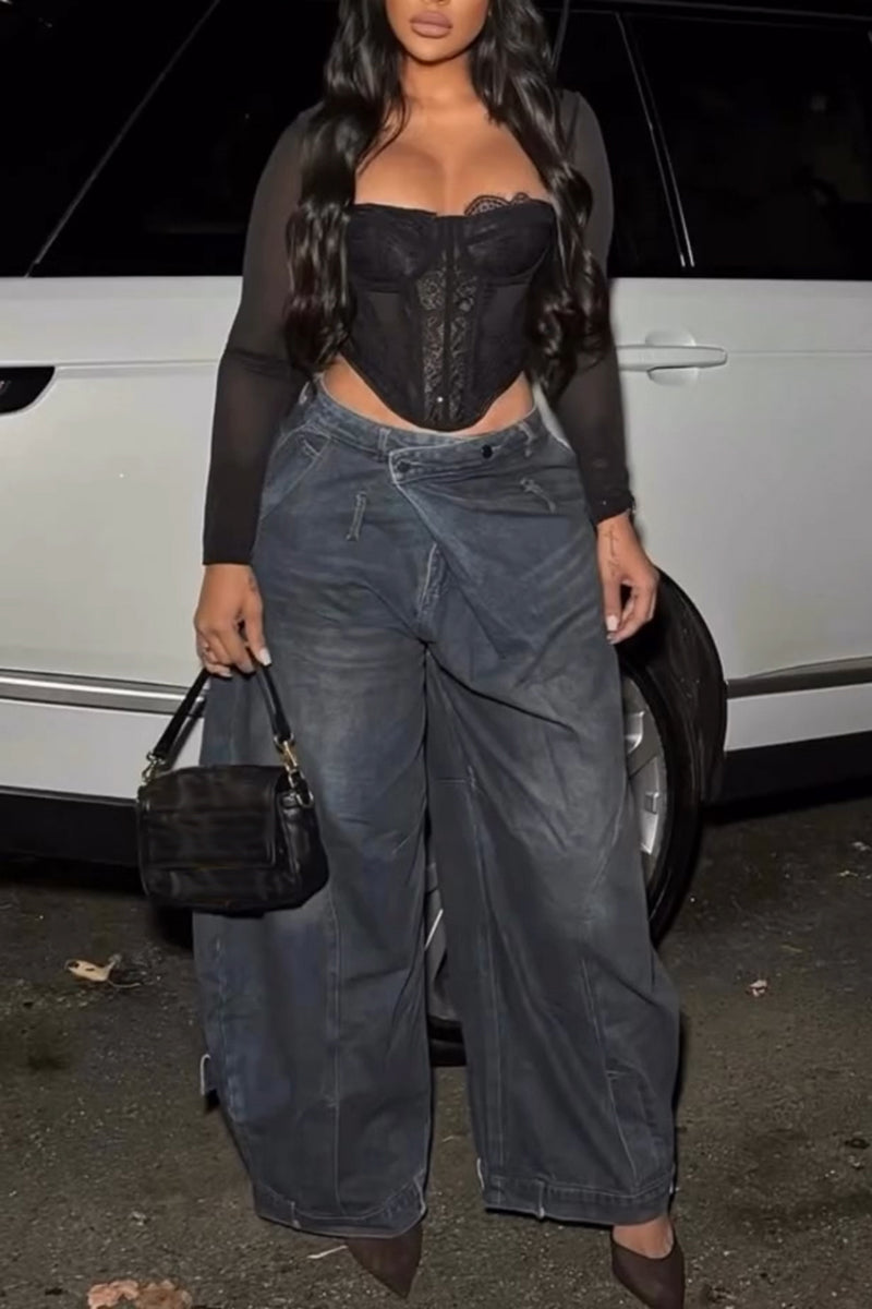 Women's Fashion Asymmetric Waistband Wide Leg Jeans