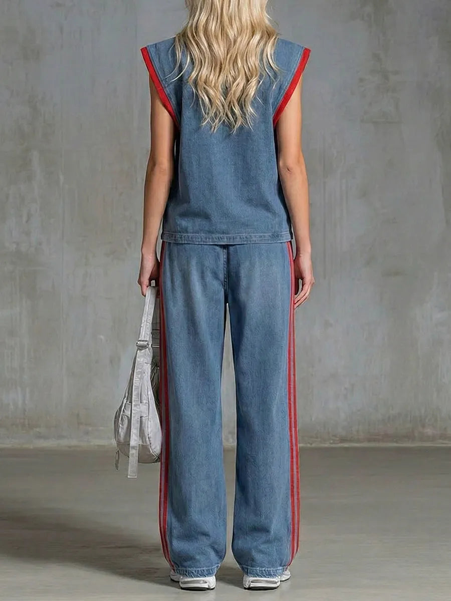 Casual Half-zip Sleeveless Denim Top And Pants Two-piece Set