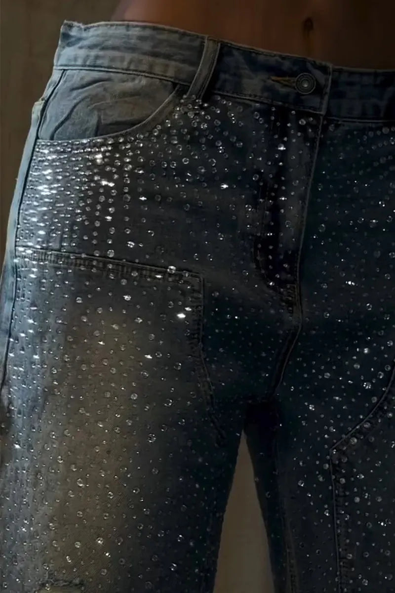 Ladies Rhinestone Embellished Denim Shorts Full Coverage