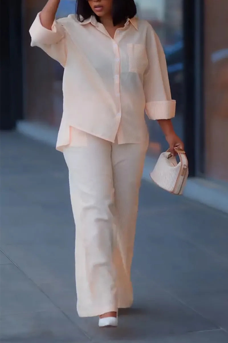 Women's Collar Shirt+Pants Loose Casual Set