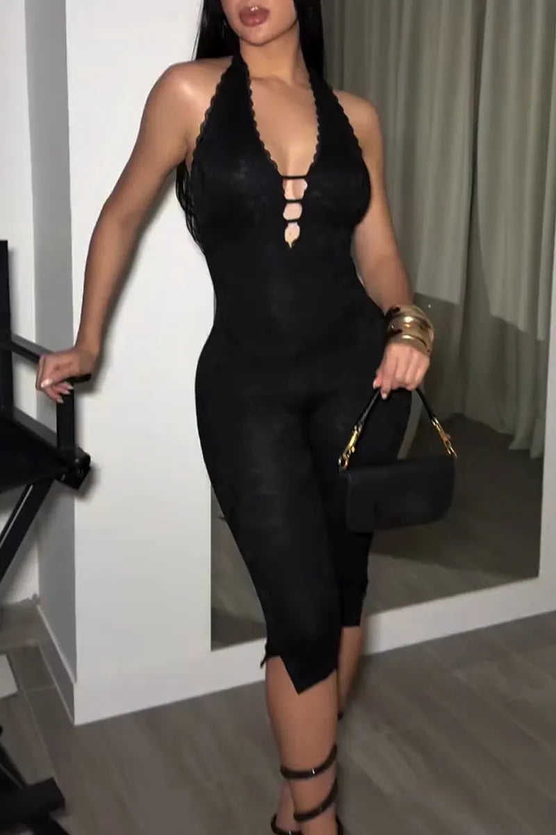 Women's Neck Hanging Lace Patterned Sexy Slim Fit Jumpsuit