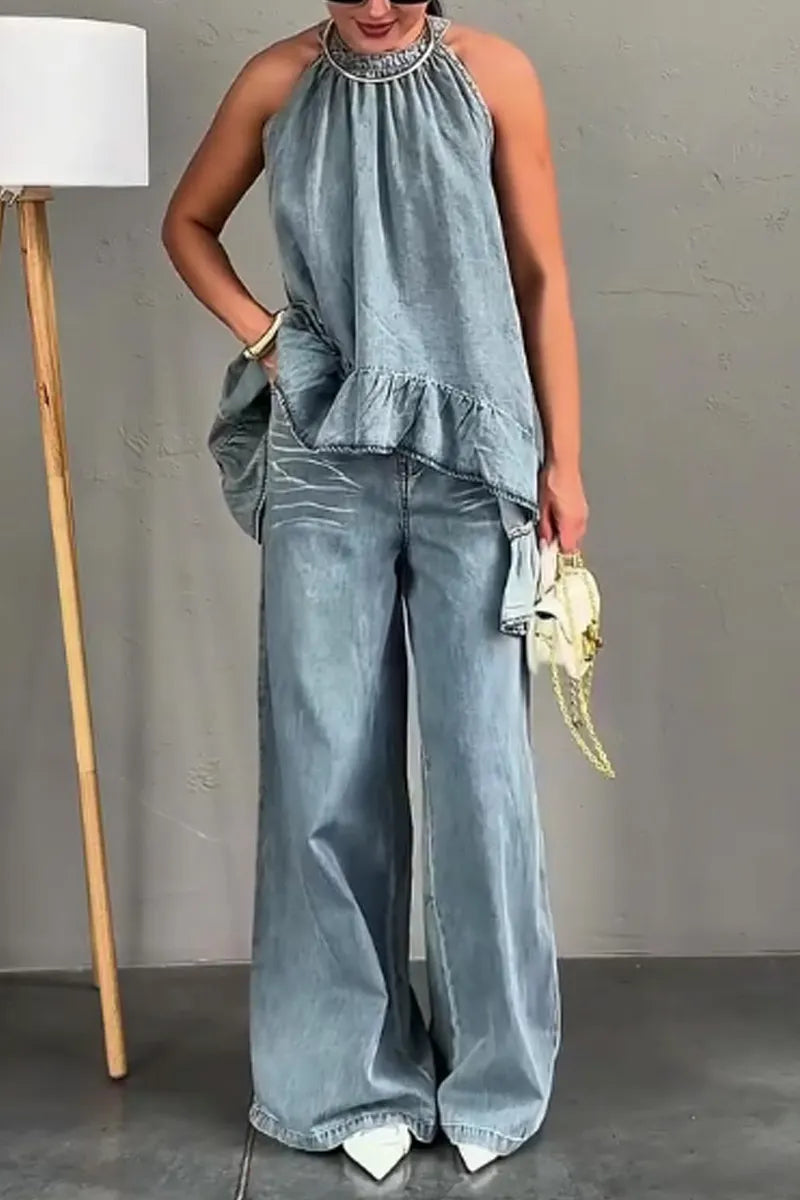 Women'sHalter Ruffle Asymmetrical Top Or Wide Leg Denim Pants