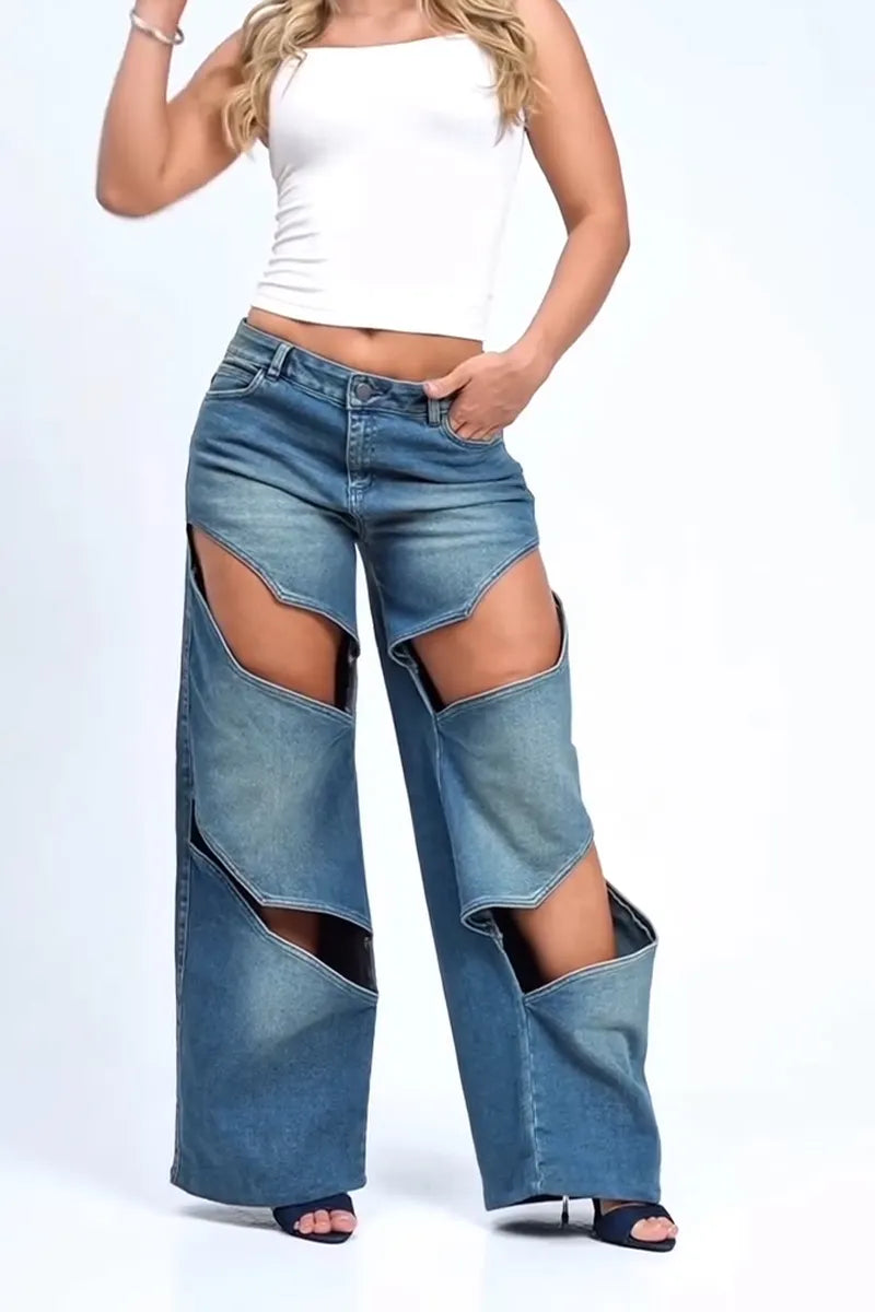 Women Washing Irregular Hollow Out Casual Wide Leg Jeans