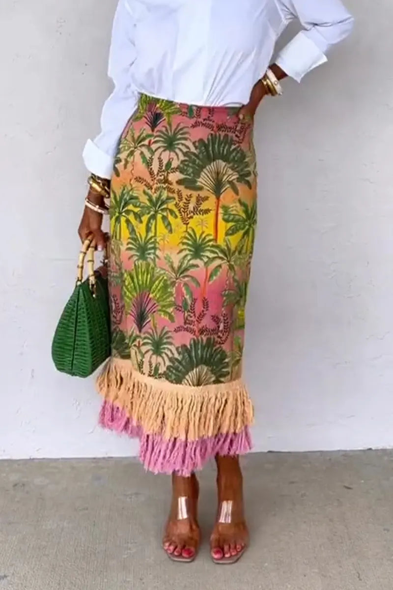Women Elegant Casual Tropical Printed Tassel Skirt