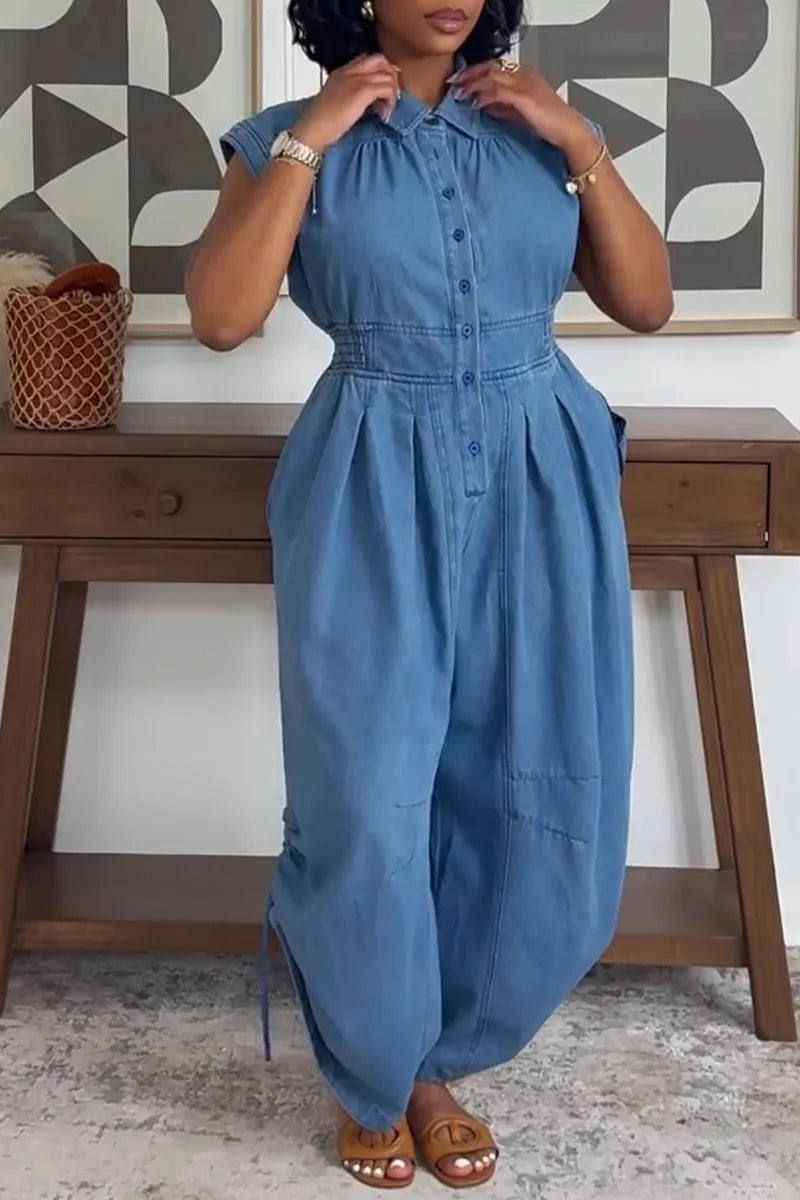 Women's Casual Wide Shoulder Hem Drawstring Denim Jumpsuit