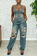 Women's Fashion Bestseller Rhinestone Denim Vest & Distressed Jeans