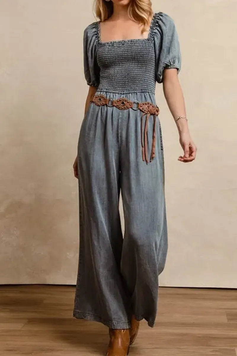 Women's Casual Puff Sleeve Wide Leg Denim Jumpsuit (Belts Are Not For Sale)