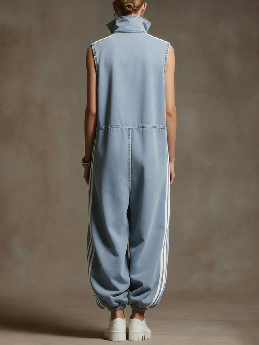 Women's Stand-collar Sleeveless Loose-fit Denim Wide-leg Jumpsuit
