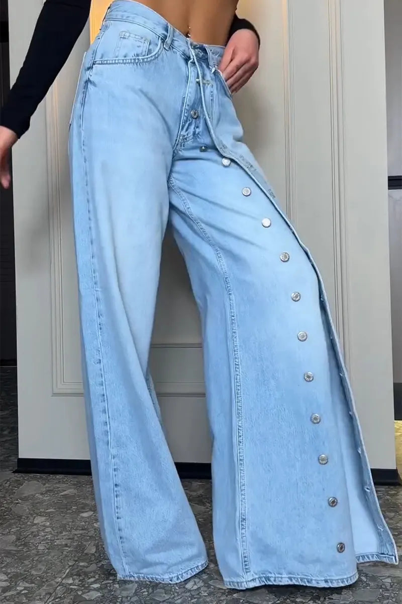 Women's Fashion Button Front Double Layer Wide-Leg Jeans