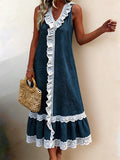 Women's Lace-trimmed, Ruffled V-neck, Sleeveless Denim Dress