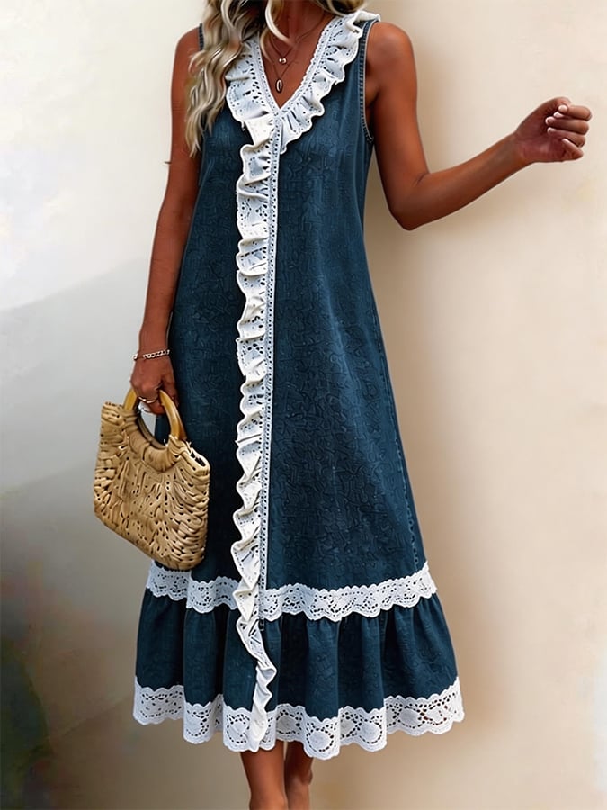 Women's Lace-trimmed, Ruffled V-neck, Sleeveless Denim Dress