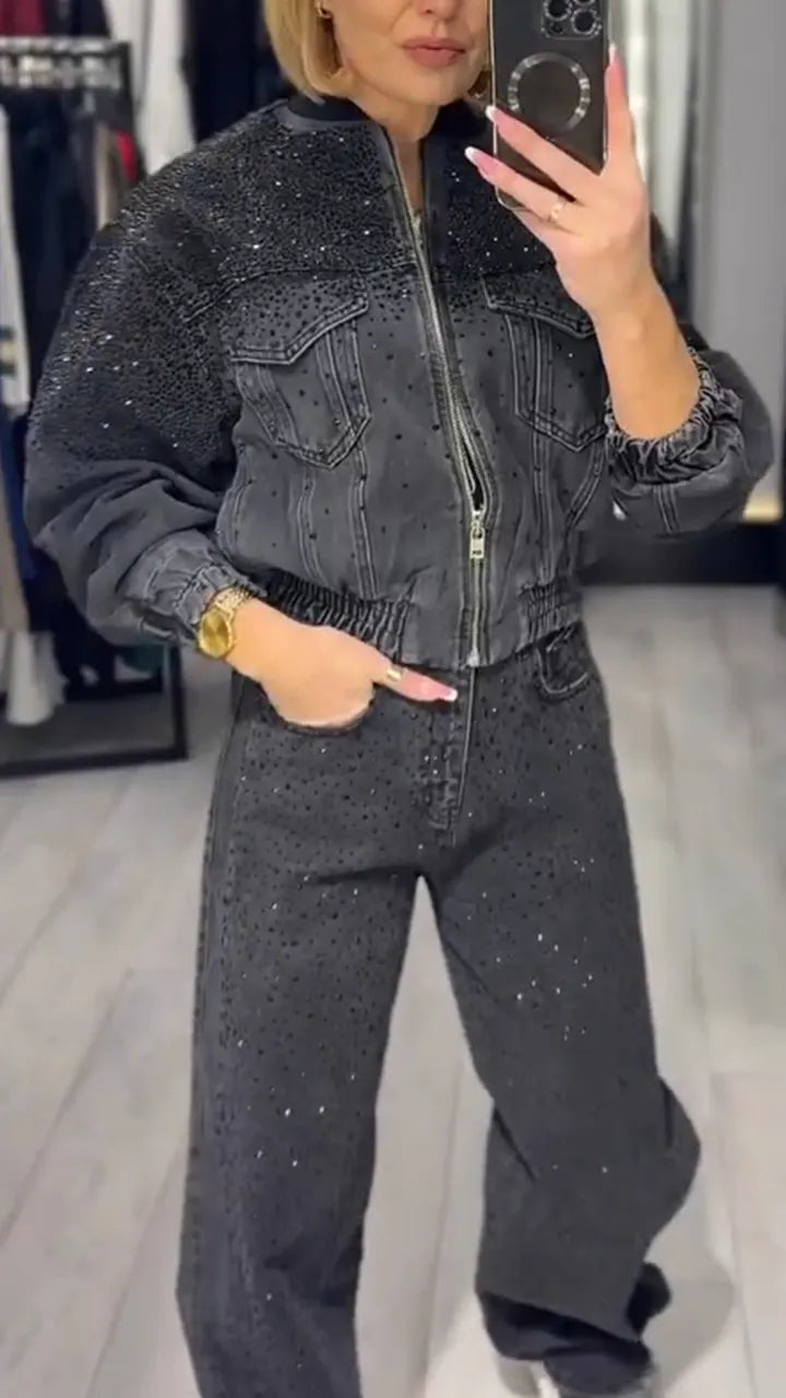 Women Round Neck Rhinestone Jacket+ Pants Casual Denim Suit