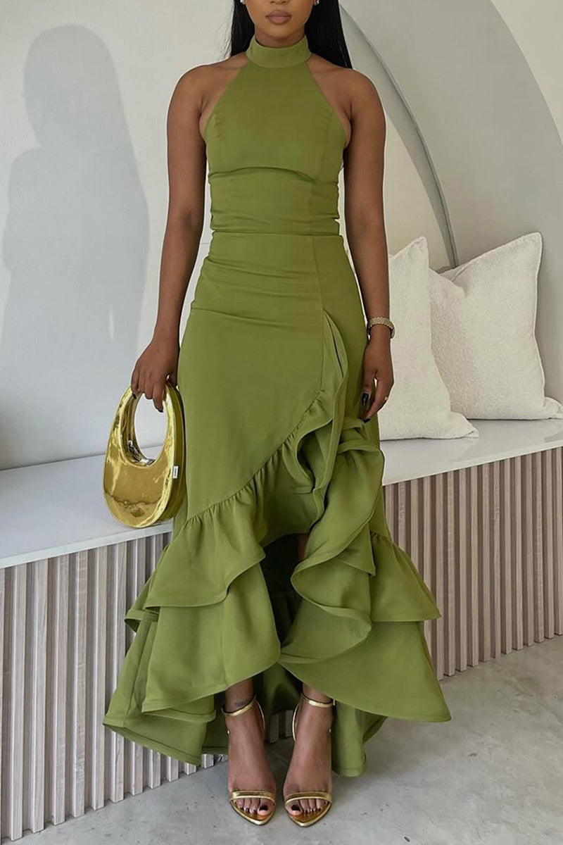 Women's Elegant Slit Tiered Ruffle Hem Maxi Dress