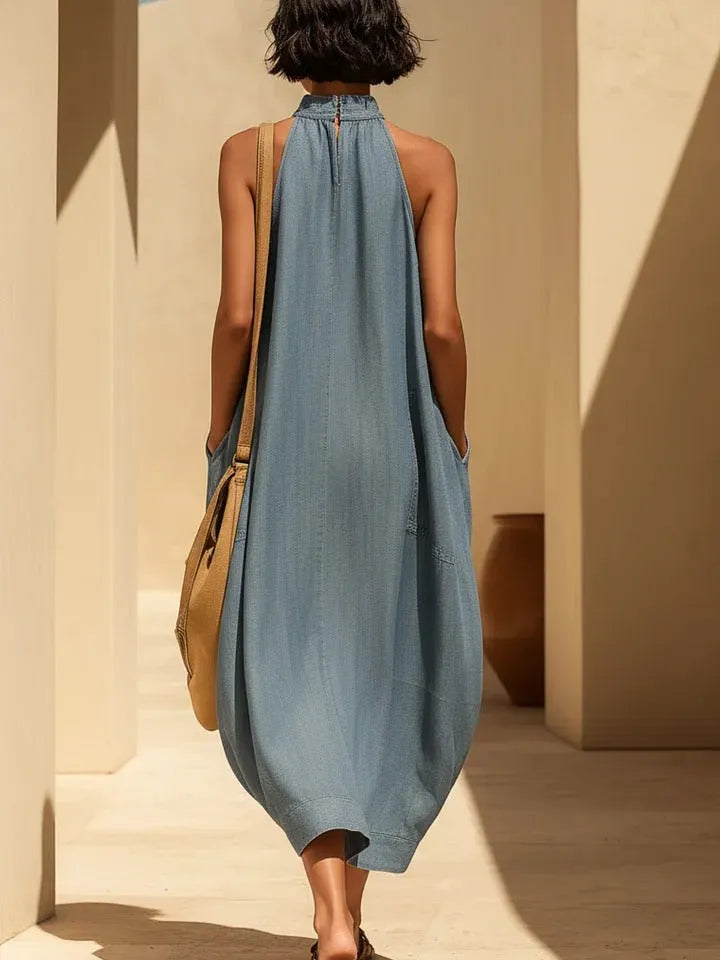Light Blue Tencel Denim Halter Neck Cocoon Maxi Dress