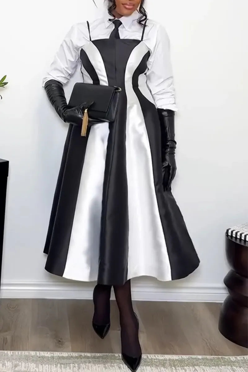 Women's Elegant Temperament Collar Shirt or Camisole Waist Cinching Contrasting Dress