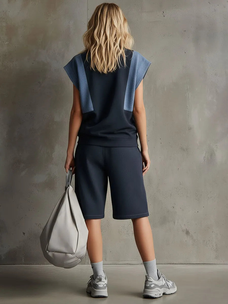 Casual Retro Denim Patchwork Navy Blue Short-sleeved Sweatshirt And Shorts Set