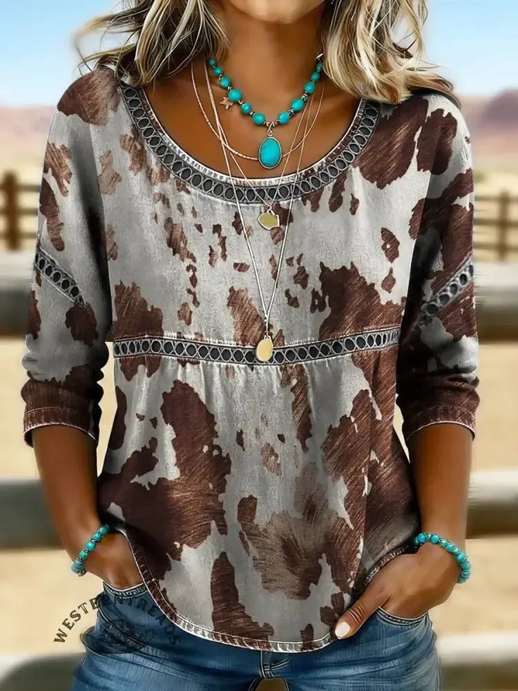 Women's Retro Cow Print Casual Short Sleeves Denim Shirt
