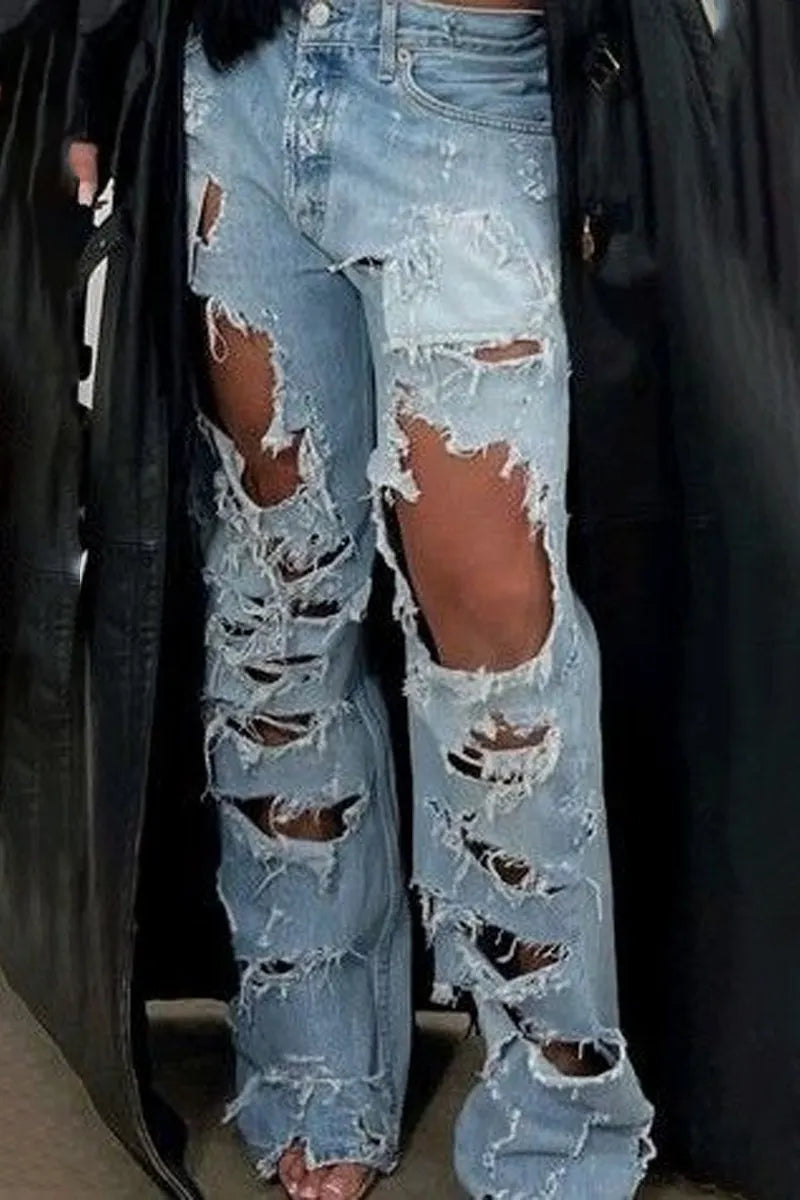Women Super Distressed Patch Fringe Big Hole High Waist Wide Leg Denim Trousers