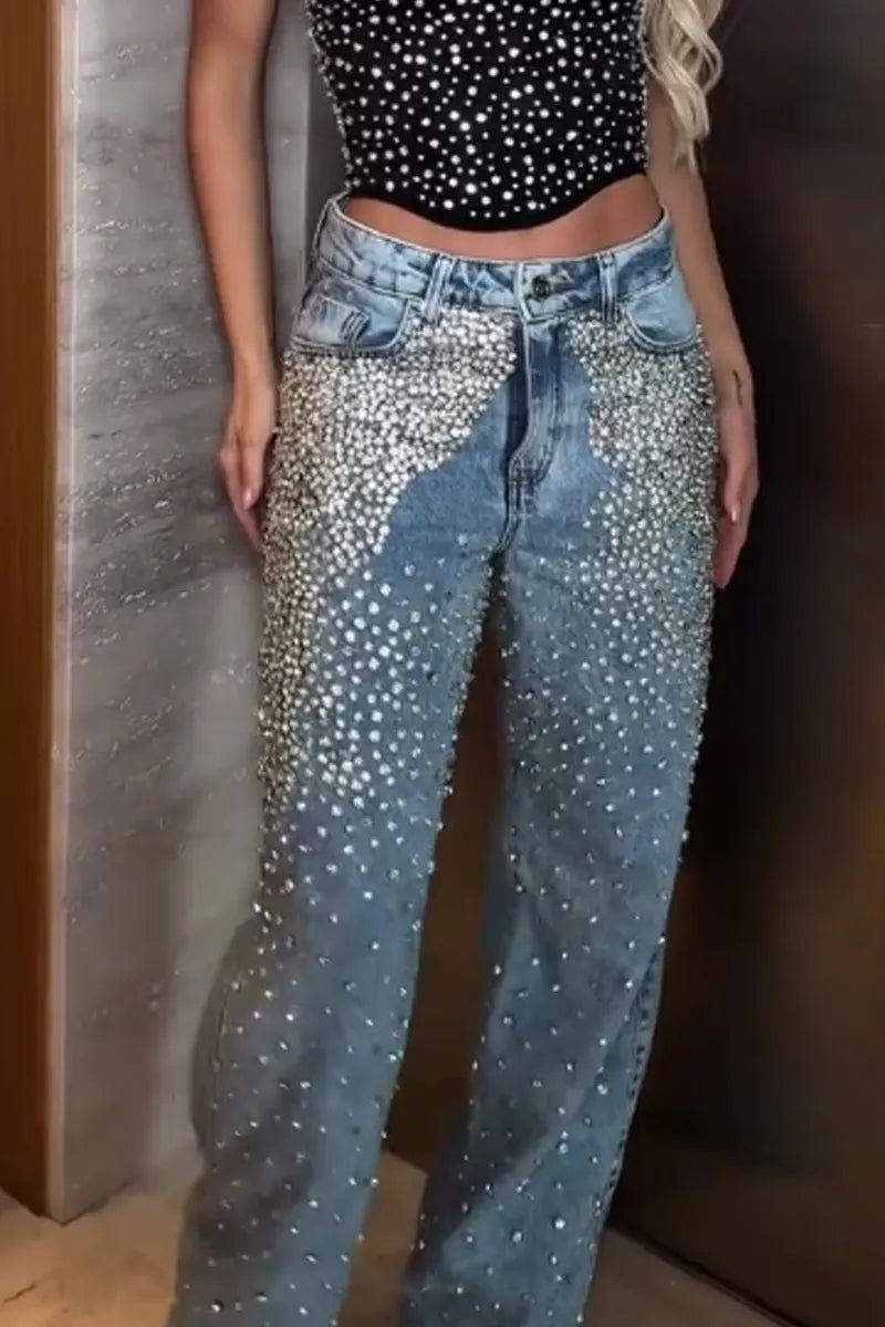 Women's  High Waist Gradient Rhinestone Scattered Wide Leg Denim Jeans