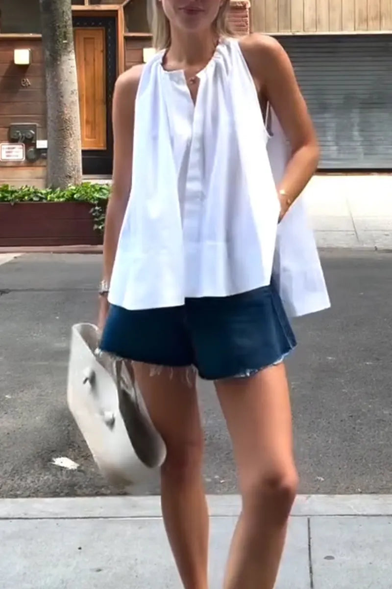 Women Round Neck Solid Color Irregular Casual Top