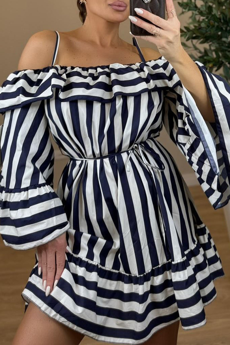 Women Off Shoulder Patchwork Vertical Casual Dress