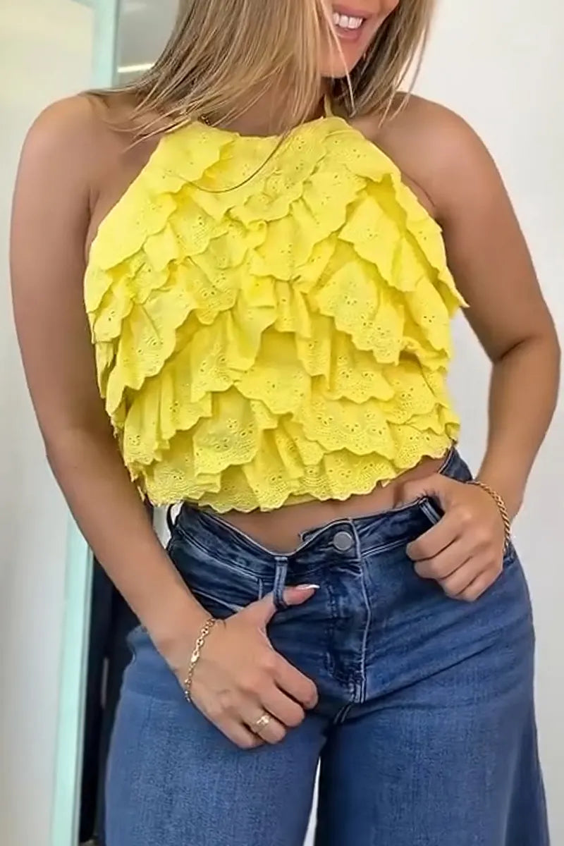 Women Casual Hanging Neck Patchwork Ruffle Edge Short Top or Wide Leg Jeans