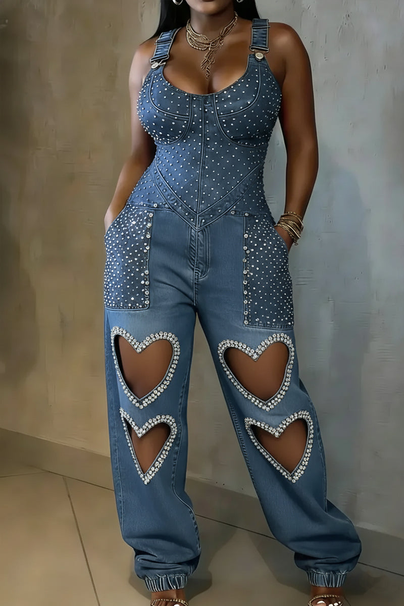 Women's Casual Heart-Shaped Hollow-Out Rhinestone Denim Jumpsuit