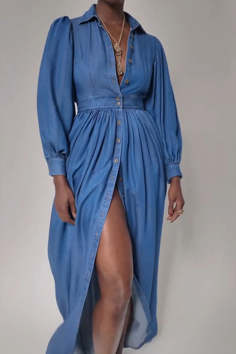 Women's Fashion Puff Sleeve Backless Single-Breasted Button Denim Maxi Dress