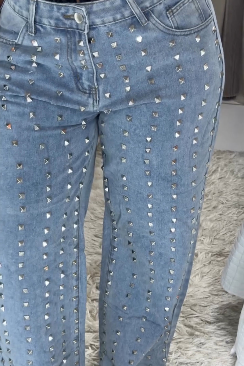 Women's Fashion Rivet Decoration Wide Leg Jeans