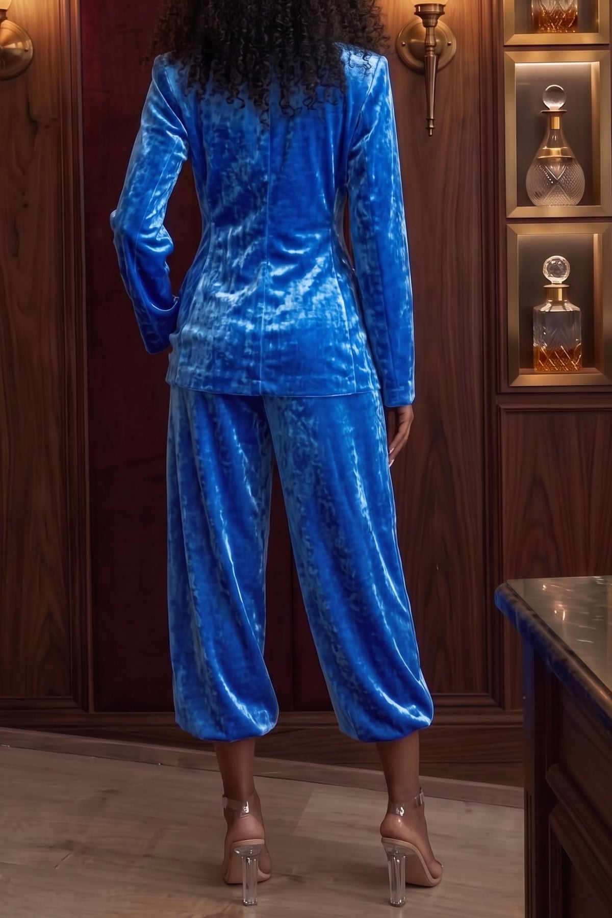 Women's Ruched Waist Notched Collar Velvet Blazer & Cuffed Harem Pants 2-Piece Set