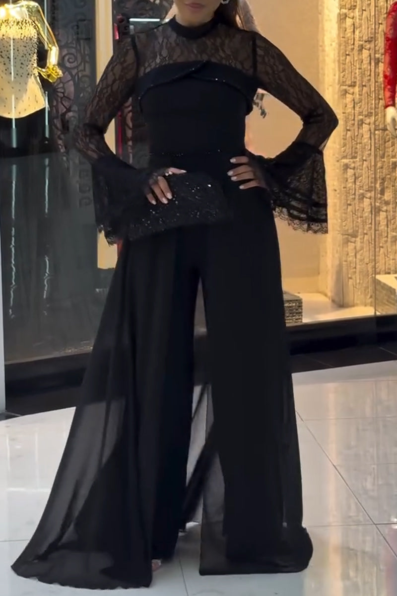 Women's Round Neck Lace Patchwork Elegant Temperament Jumpsuit