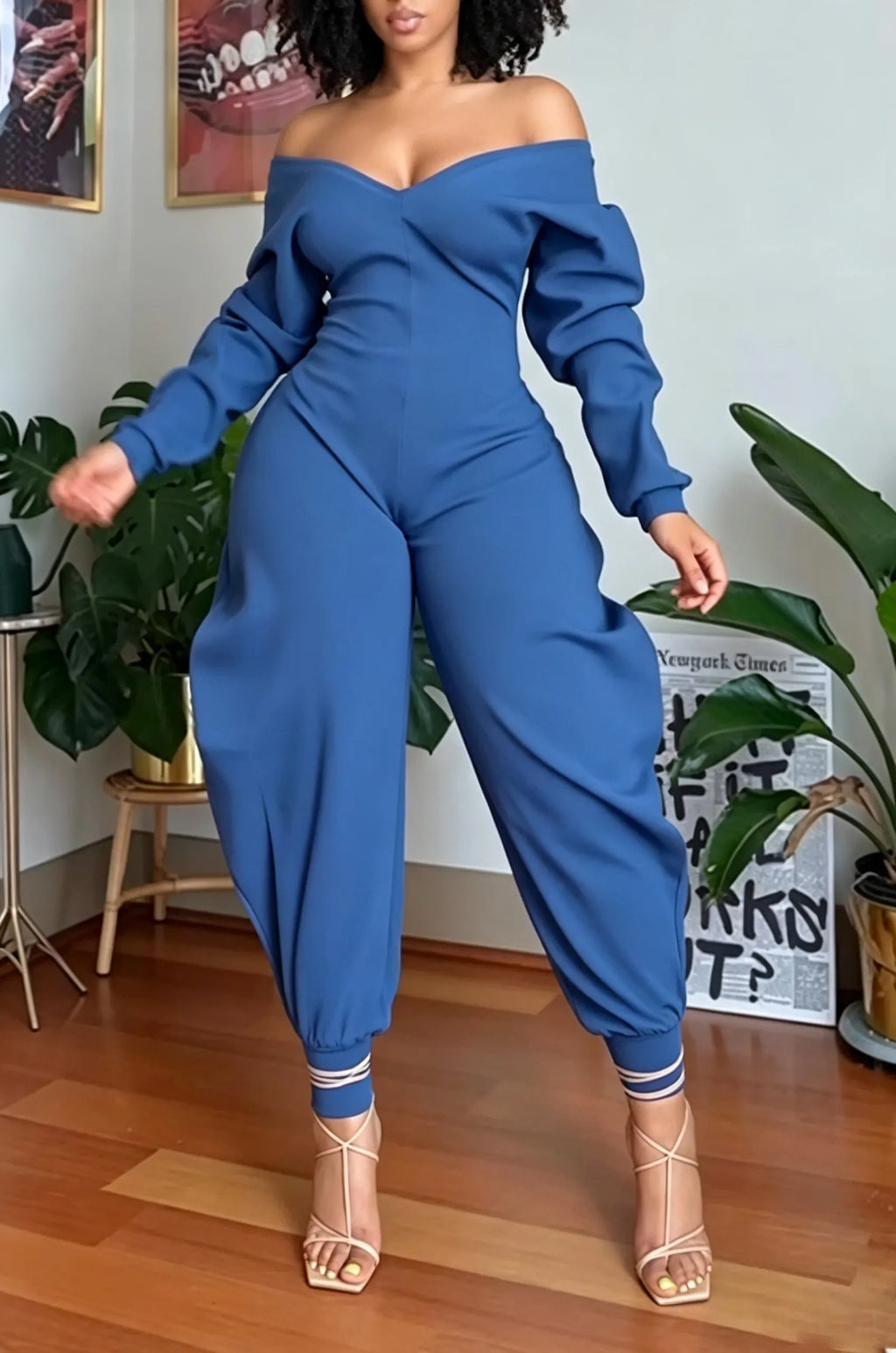 Women's Casual V-Neck Long Sleeve Curved Pant Jumpsuit