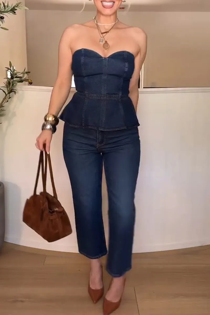 Women's Fashion Flounce Bustier Vest or Straight Jeans