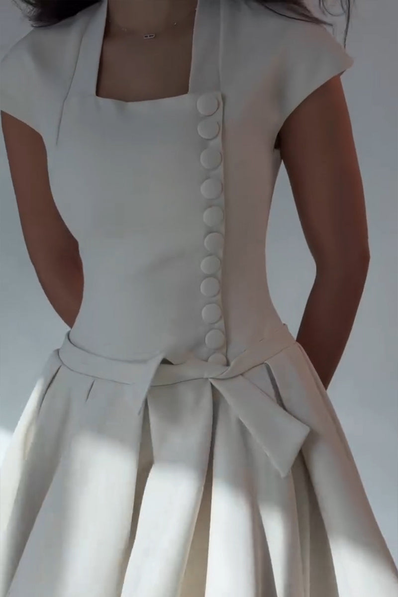 Women's Elegant Button Waist Cinching Pleated Hem Midi Dress