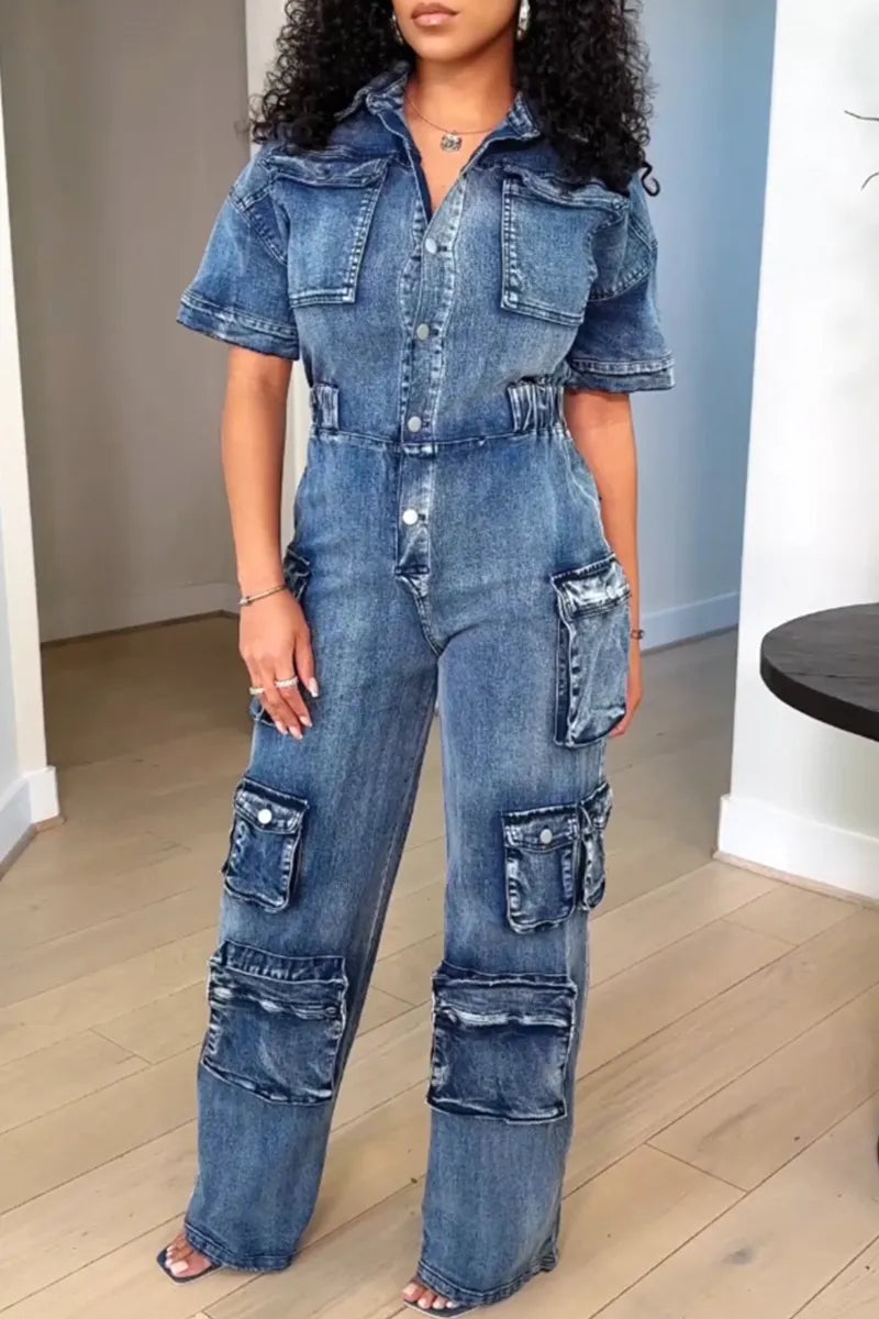 Women's Street Fashion Short-Sleeve Cargo Denim Jumpsuit
