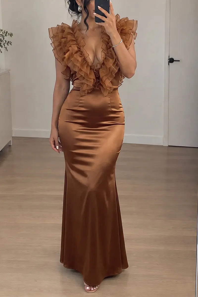 Women's Elegant Ruffle Trim Satin Mermaid Brown Maxi Dress