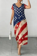 Women's Casual Vintage Distressed American Flag Print V Neck Short Sleeve Midi Dress