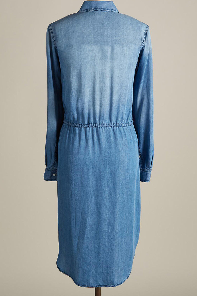 Women Classic Cotton Denim White Design Double Pocket Lapel Dress
