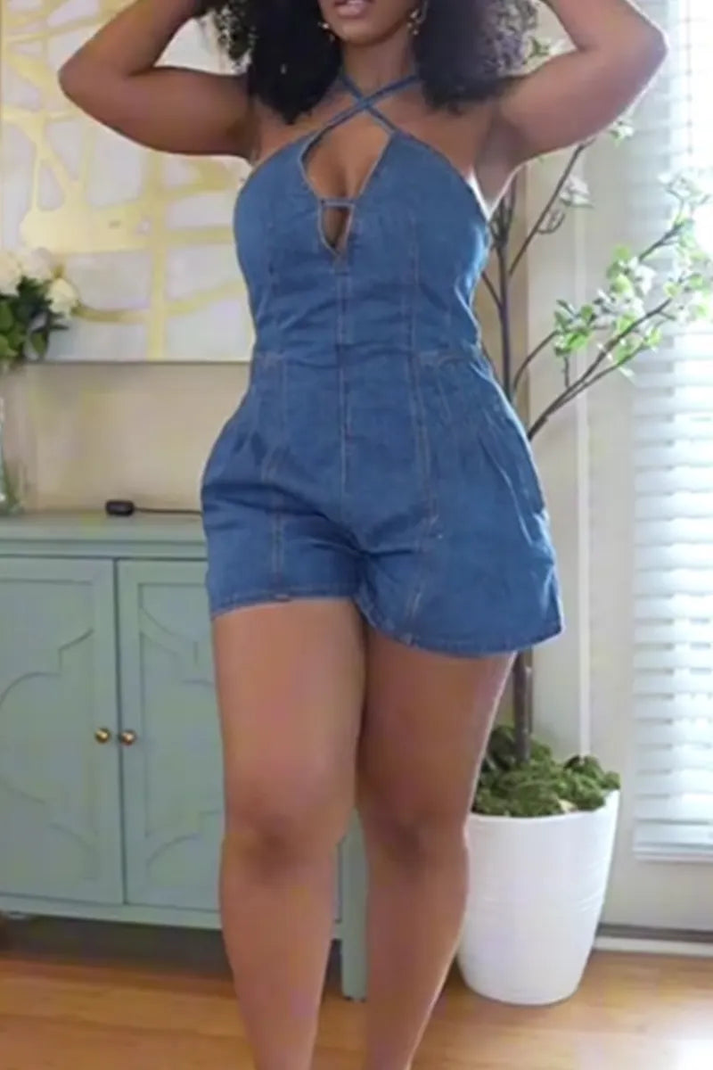 Women's Lace Up Backless Cropped Denim Romper