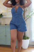 Women's Lace Up Backless Cropped Denim Romper