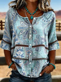Women's Vintage Floral Print Casual Hollow-Out Denim Shirt