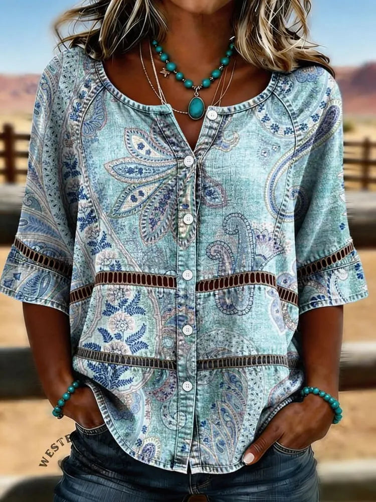 Women's Vintage Floral Print Casual Hollow-Out Denim Shirt